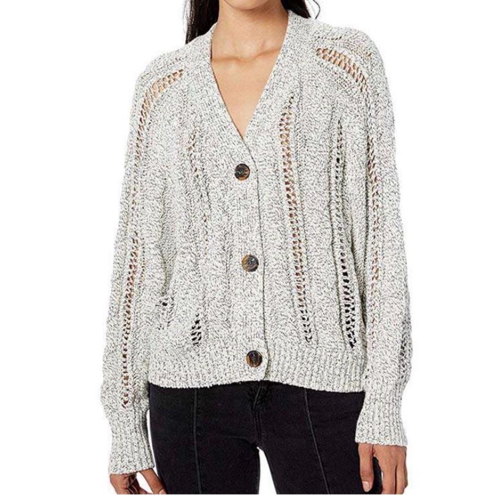 Cupcakes and Cashmere Venice Gray Ivory Cable Knit Cardigan Sweater, Size Small